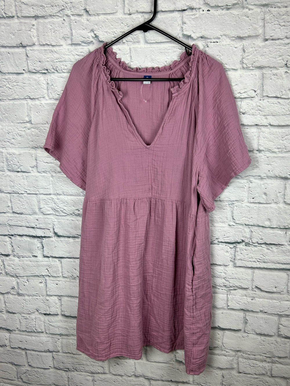 Old Navy Women’s XL Pink Gauze Ruffle Neck Babydoll Mini Dress Cotton Pockets